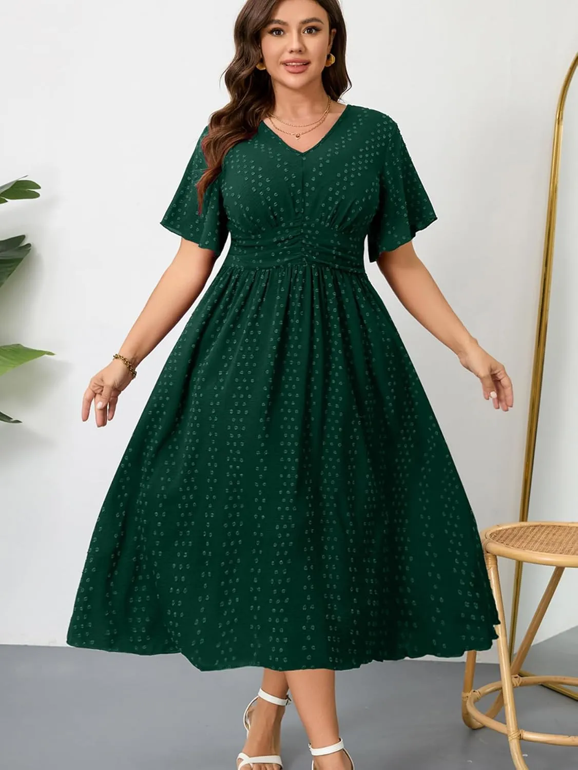 RWJ Women's Plus Size Maxi Dress V Neck Short Sleeve Swiss Dot A Line High Waist Boho Swing Casual Summer Dresses 2025