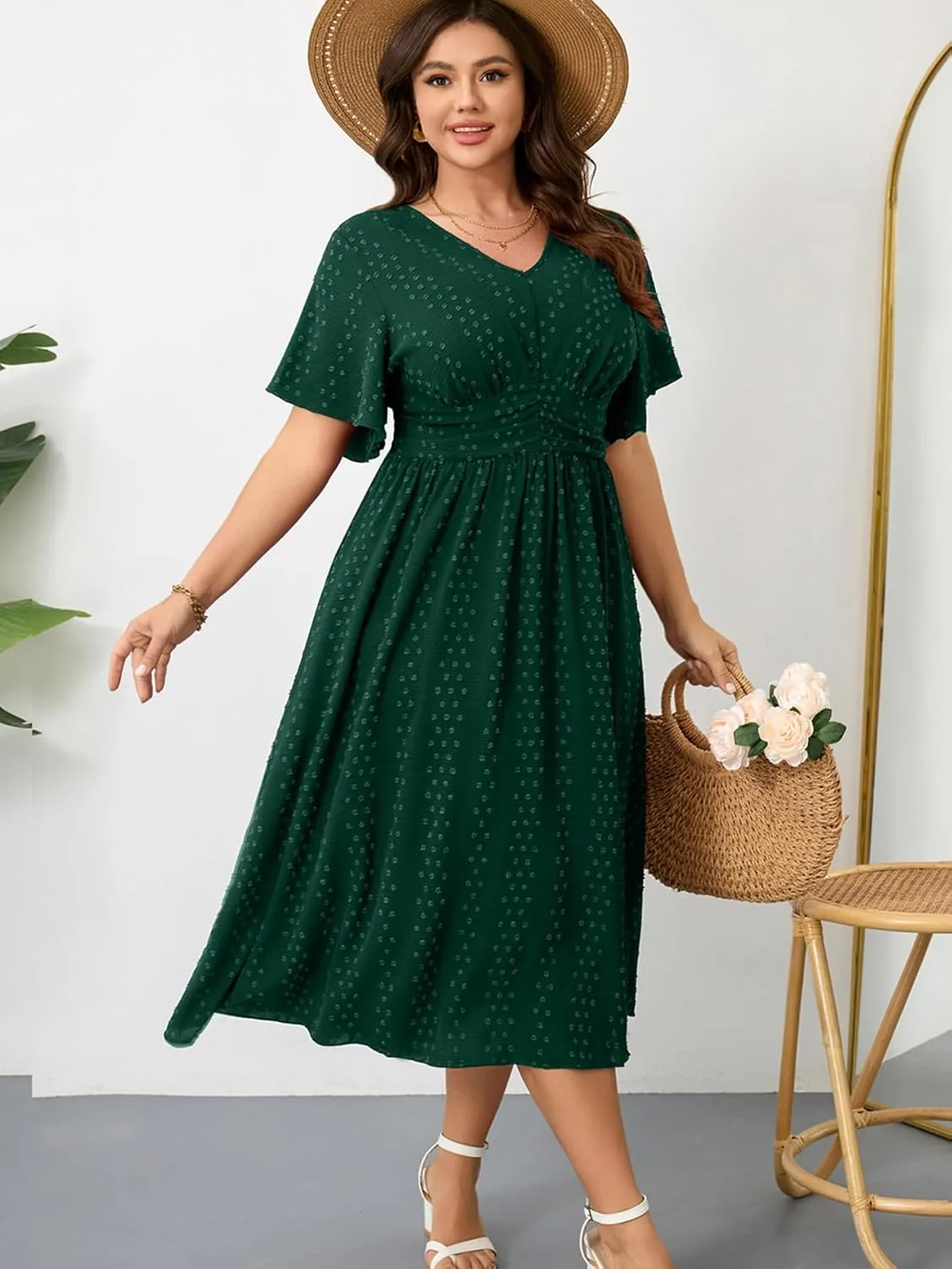 RWJ Women's Plus Size Maxi Dress V Neck Short Sleeve Swiss Dot A Line High Waist Boho Swing Casual Summer Dresses 2025