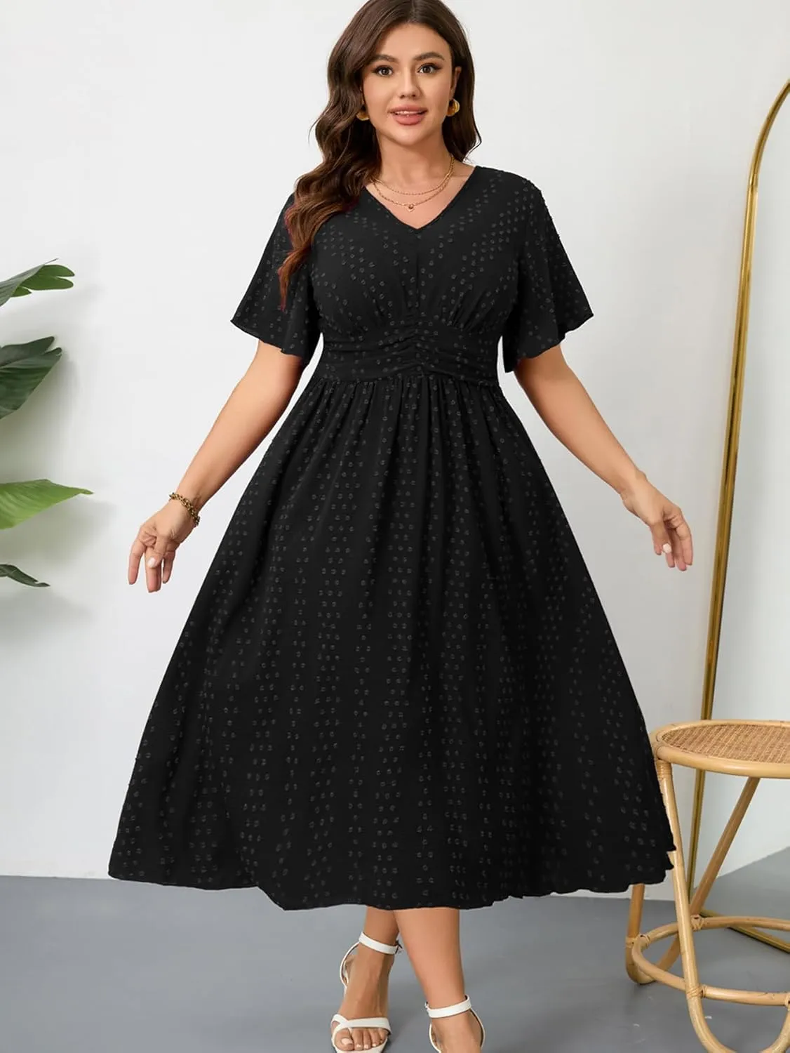RWJ Women's Plus Size Maxi Dress V Neck Short Sleeve Swiss Dot A Line High Waist Boho Swing Casual Summer Dresses 2025