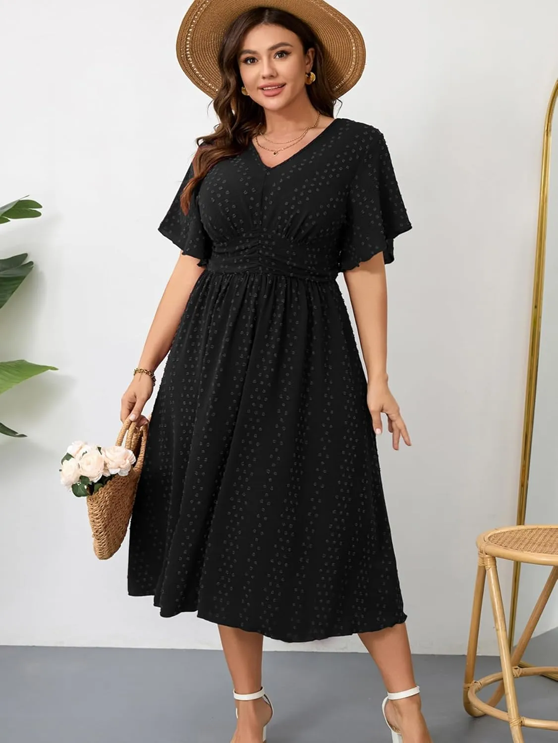 RWJ Women's Plus Size Maxi Dress V Neck Short Sleeve Swiss Dot A Line High Waist Boho Swing Casual Summer Dresses 2025