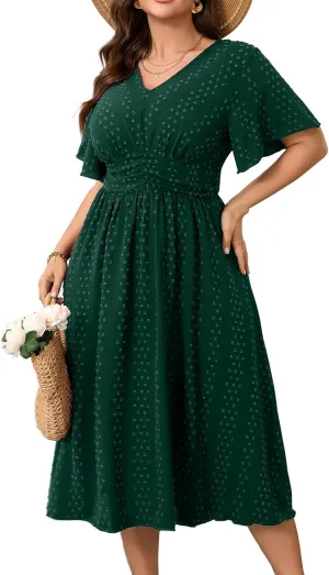 RWJ Women's Plus Size Maxi Dress V Neck Short Sleeve Swiss Dot A Line High Waist Boho Swing Casual Summer Dresses 2025