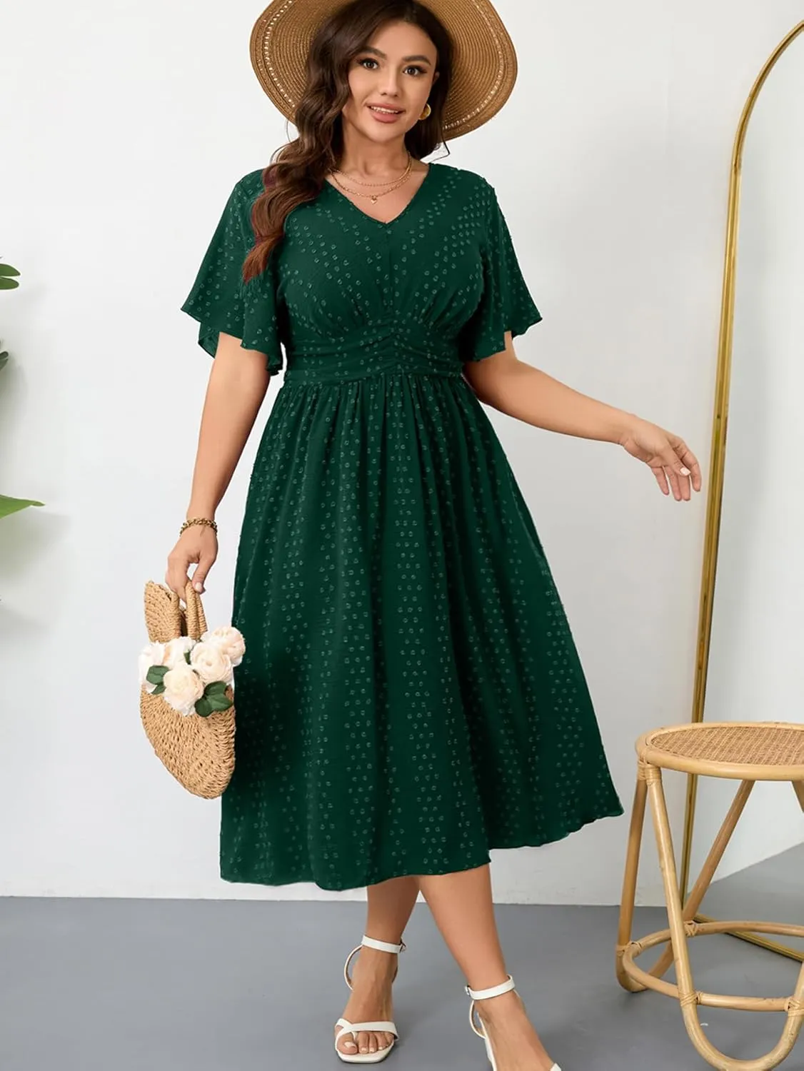 RWJ Women's Plus Size Maxi Dress V Neck Short Sleeve Swiss Dot A Line High Waist Boho Swing Casual Summer Dresses 2025