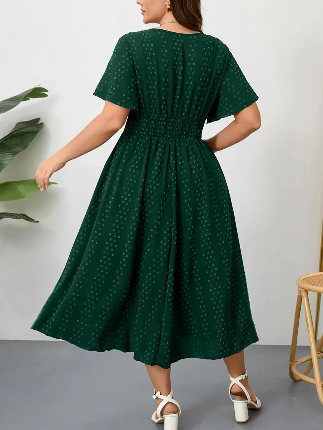 RWJ Women's Plus Size Maxi Dress V Neck Short Sleeve Swiss Dot A Line High Waist Boho Swing Casual Summer Dresses 2025