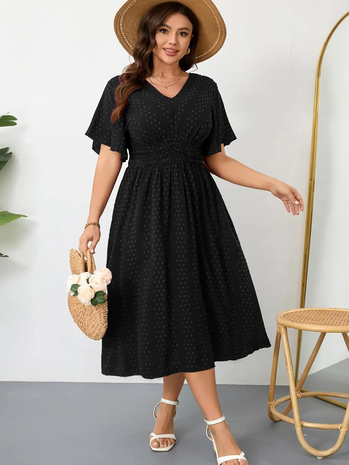 RWJ Women's Plus Size Maxi Dress V Neck Short Sleeve Swiss Dot A Line High Waist Boho Swing Casual Summer Dresses 2025