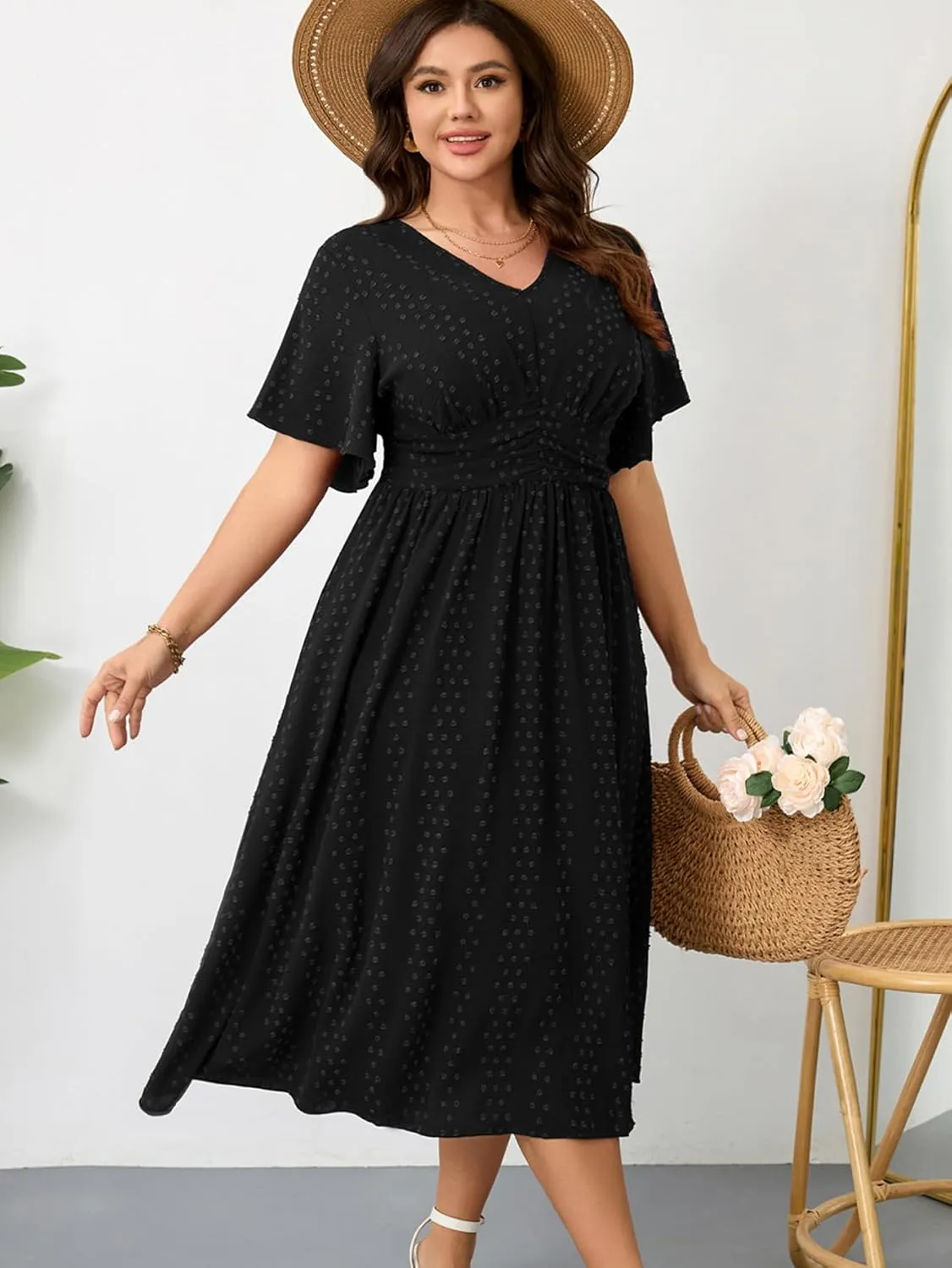 RWJ Women's Plus Size Maxi Dress V Neck Short Sleeve Swiss Dot A Line High Waist Boho Swing Casual Summer Dresses 2025
