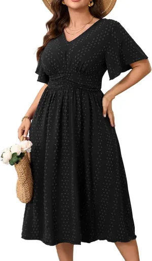 RWJ Women's Plus Size Maxi Dress V Neck Short Sleeve Swiss Dot A Line High Waist Boho Swing Casual Summer Dresses 2025