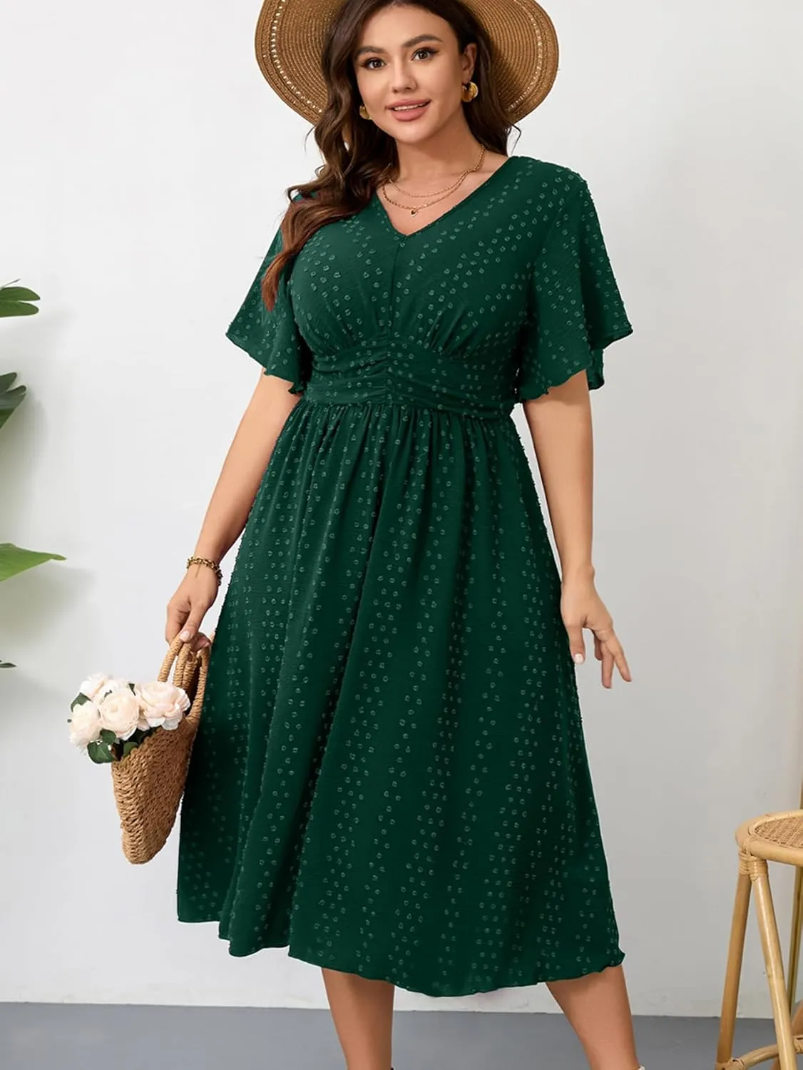 RWJ Women's Plus Size Maxi Dress V Neck Short Sleeve Swiss Dot A Line High Waist Boho Swing Casual Summer Dresses 2025