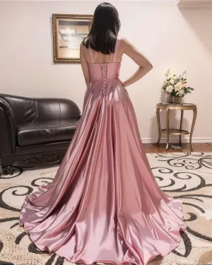 Stylefun Women's Satin A Line Bridesmaid Dresses with Slit Long Square Neck Formal Cocktail Party Dress with Pockets CYM297