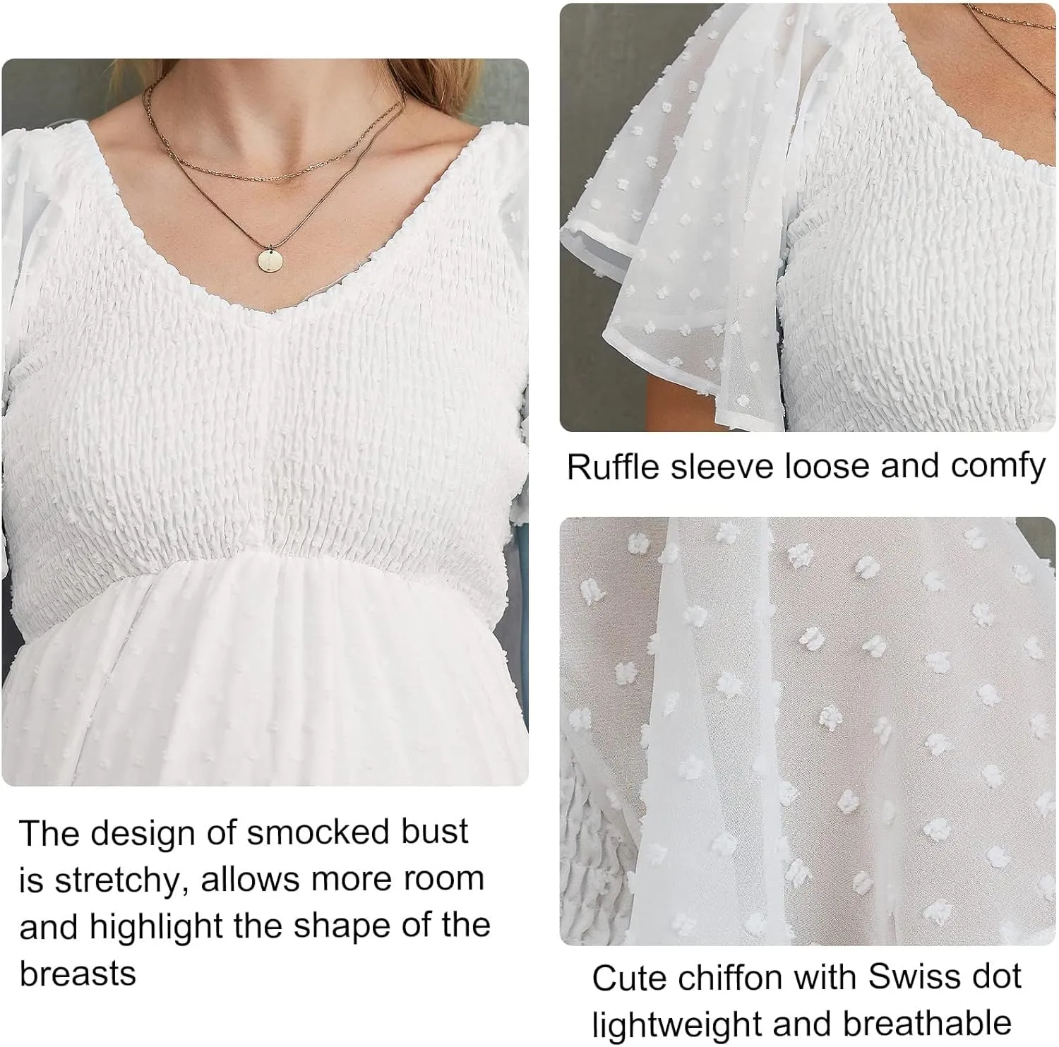 Swiss Dot Smocked Maternity Dress for Baby Shower Photoshoot Casual V Neck Ruffle Sleeve Empire Waist Tiered Boho Dress