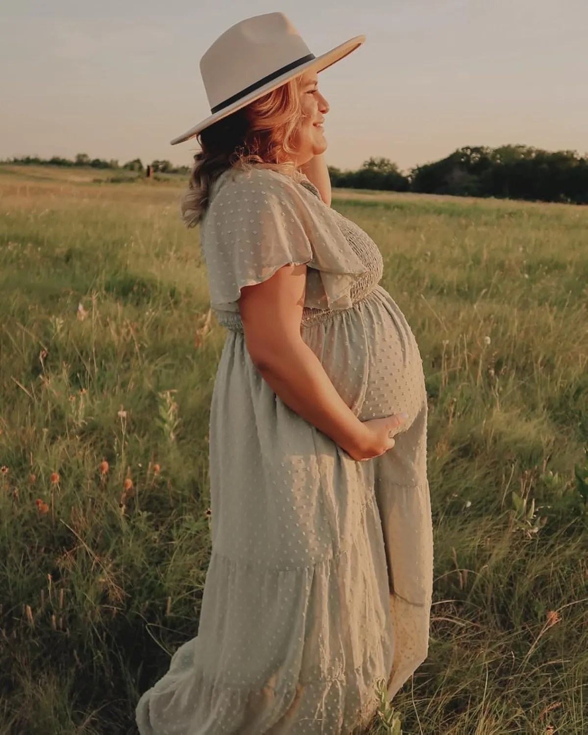 Swiss Dot Smocked Maternity Dress for Baby Shower Photoshoot Casual V Neck Ruffle Sleeve Empire Waist Tiered Boho Dress