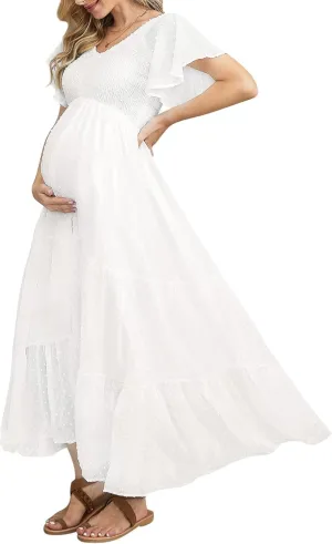 Swiss Dot Smocked Maternity Dress for Baby Shower Photoshoot Casual V Neck Ruffle Sleeve Empire Waist Tiered Boho Dress