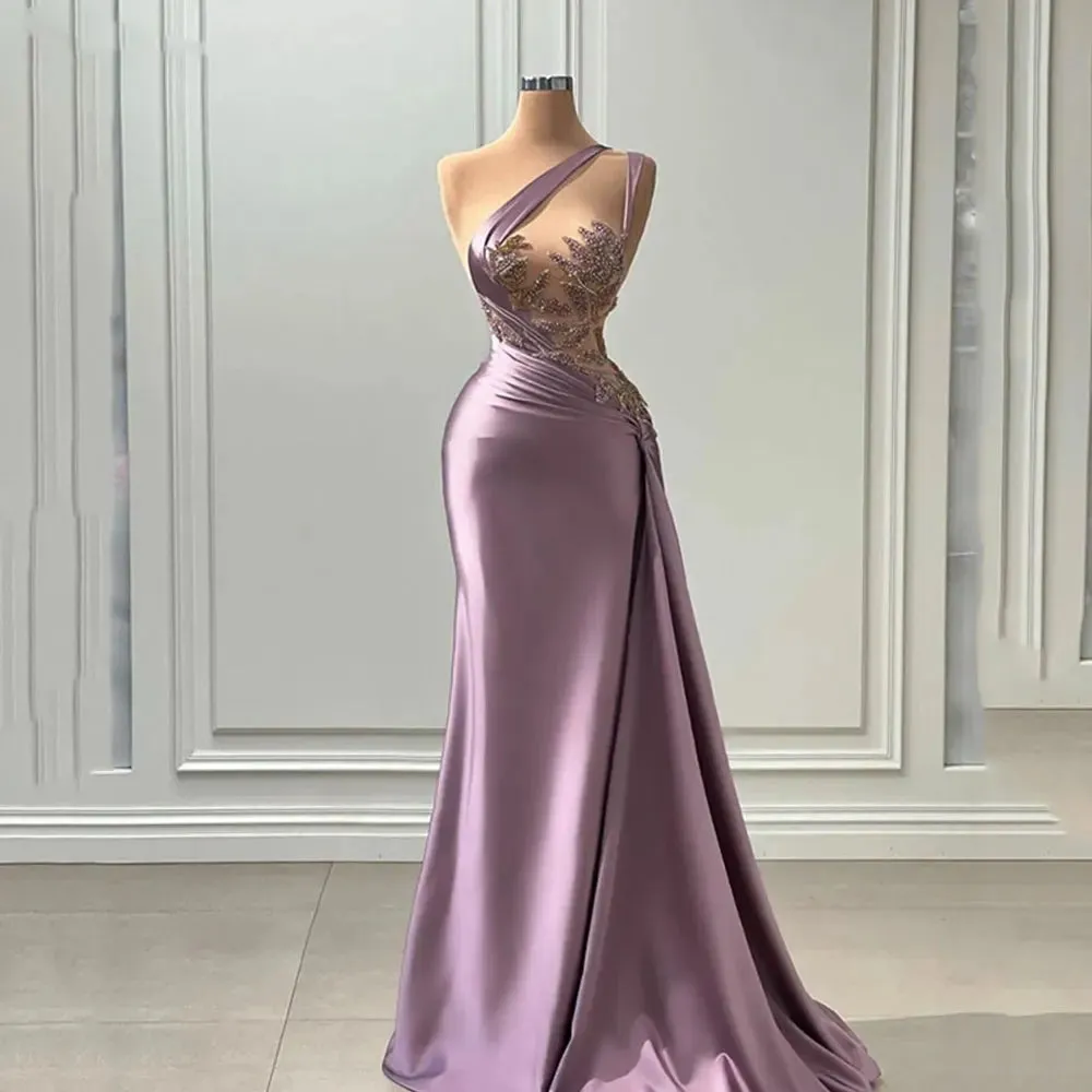 TAVIMART  -  Purple One Shoulder Evening Dresses Women's Mermaid Chest Waist  Seen Through Sexy Party Gowns Beaded Pleats Satin Floor Skirts