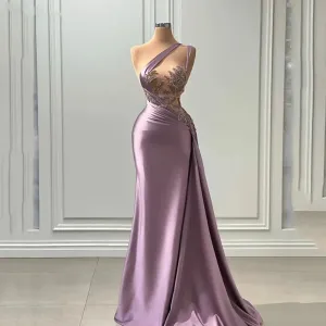 TAVIMART  -  Purple One Shoulder Evening Dresses Women's Mermaid Chest Waist  Seen Through Sexy Party Gowns Beaded Pleats Satin Floor Skirts