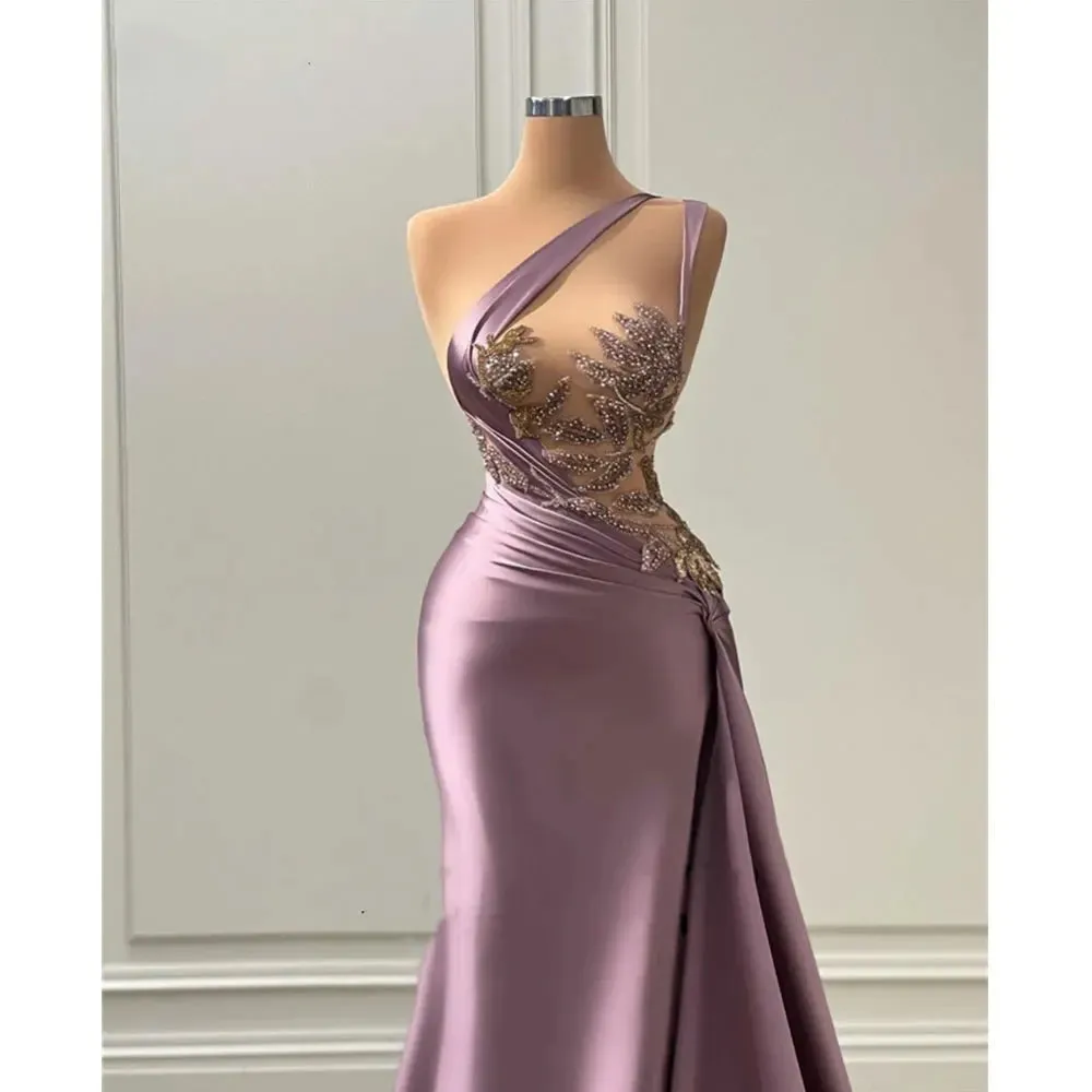 TAVIMART  -  Purple One Shoulder Evening Dresses Women's Mermaid Chest Waist  Seen Through Sexy Party Gowns Beaded Pleats Satin Floor Skirts