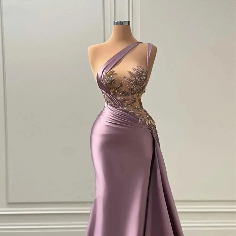 TAVIMART  -  Purple One Shoulder Evening Dresses Women's Mermaid Chest Waist  Seen Through Sexy Party Gowns Beaded Pleats Satin Floor Skirts