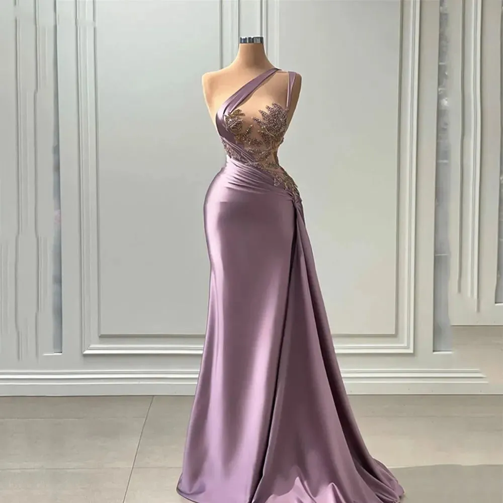 TAVIMART  -  Purple One Shoulder Evening Dresses Women's Mermaid Chest Waist  Seen Through Sexy Party Gowns Beaded Pleats Satin Floor Skirts