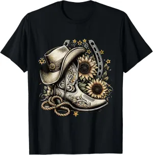 Western Cowboy Boot Horseshoe Sunflower Rope Cowgirl country T-Shirt, Small, Black