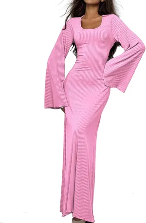 Women Flare Sleeve Maxi Dress Sexy Square Neck Long Sleeve Knit Ribbed Bodycon Dresses Casual Lace Up Back Dress