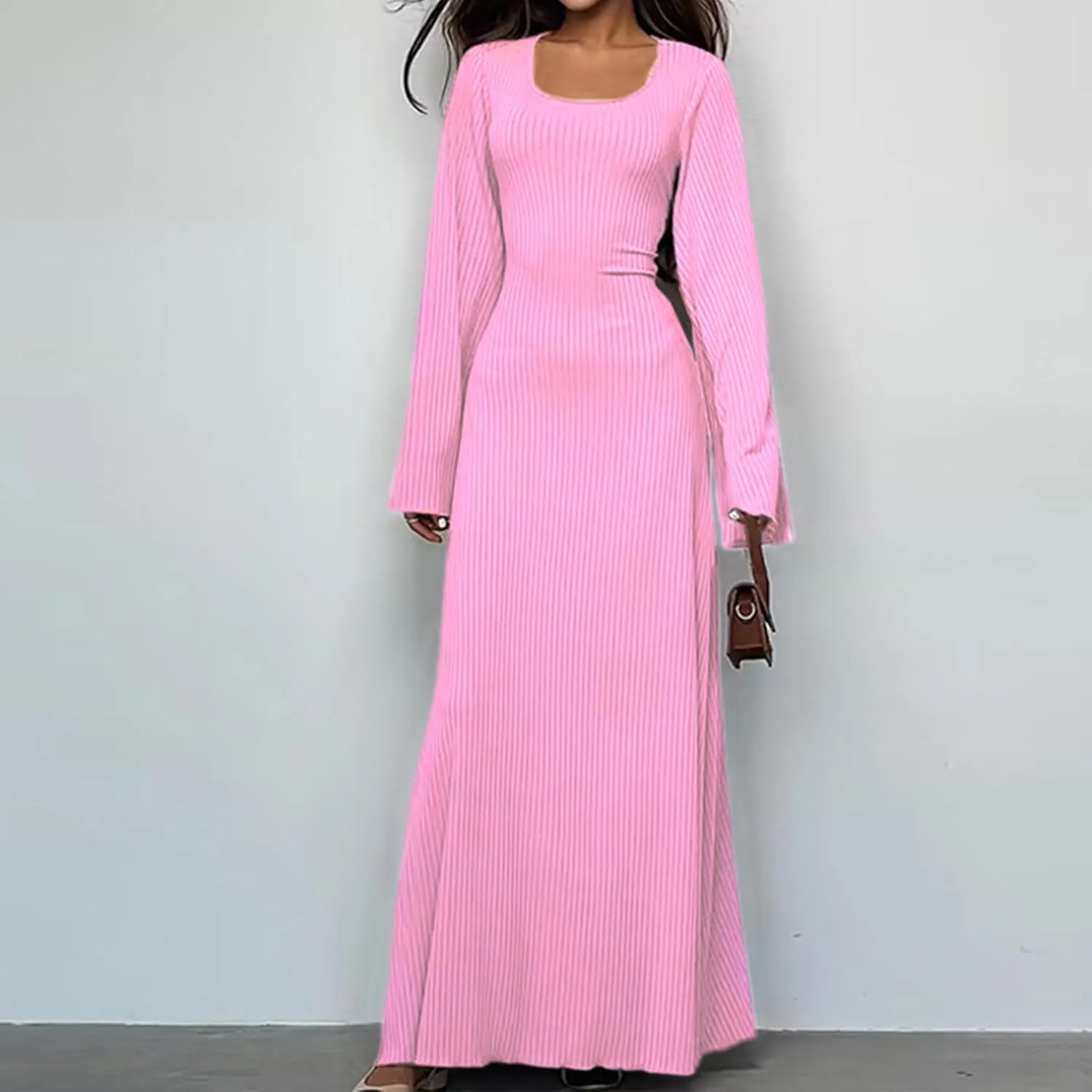 Women Flare Sleeve Maxi Dress Sexy Square Neck Long Sleeve Knit Ribbed Bodycon Dresses Casual Lace Up Back Dress