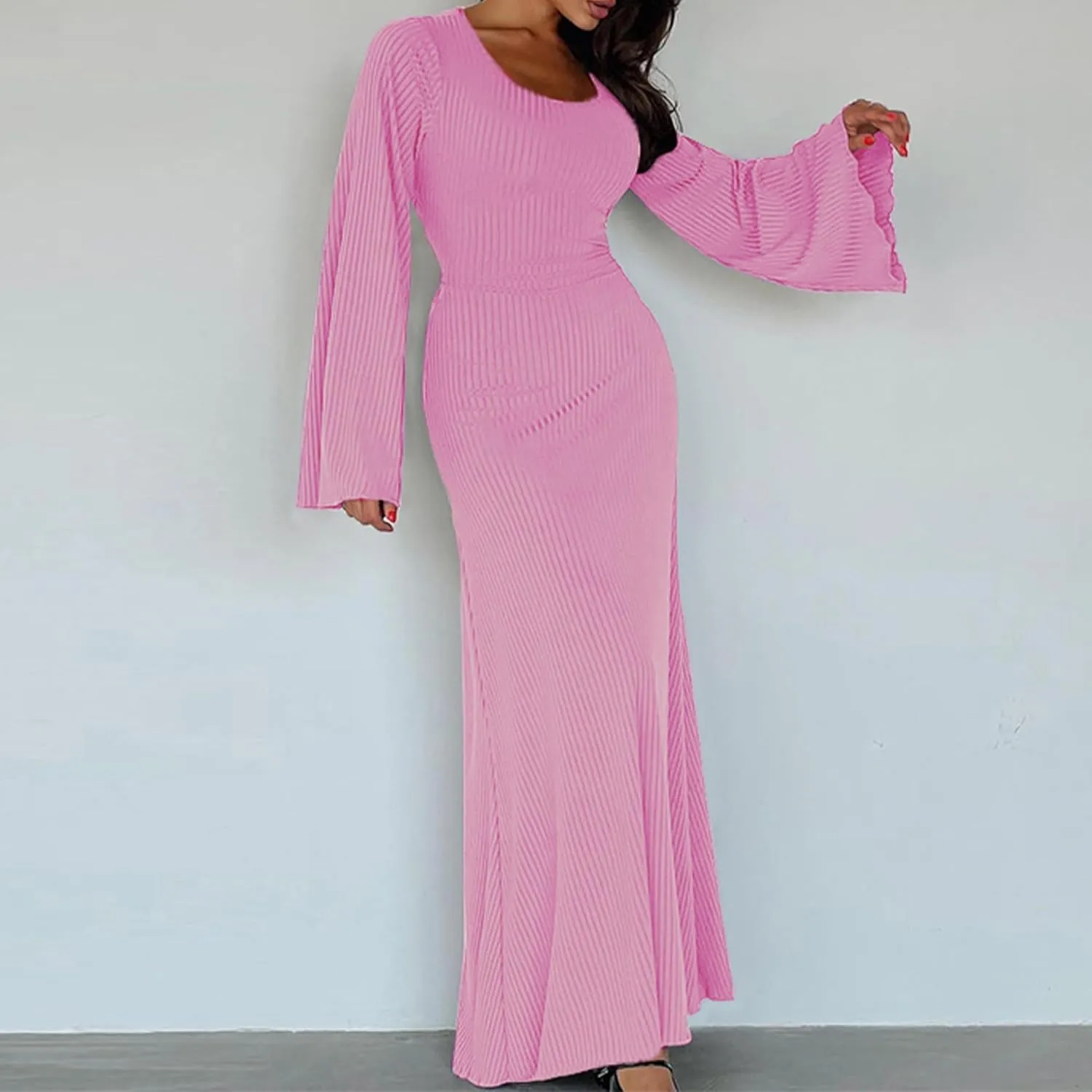 Women Flare Sleeve Maxi Dress Sexy Square Neck Long Sleeve Knit Ribbed Bodycon Dresses Casual Lace Up Back Dress