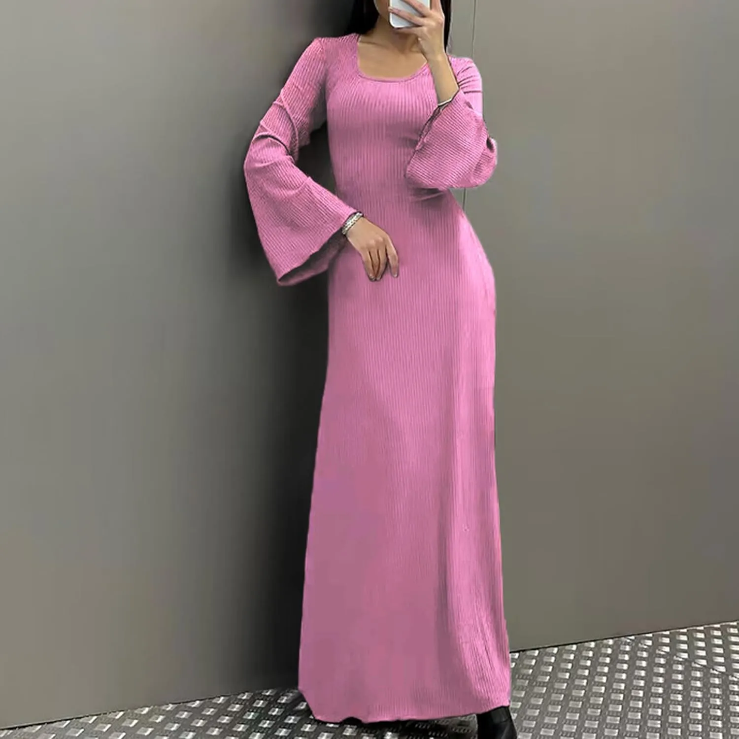 Women Flare Sleeve Maxi Dress Sexy Square Neck Long Sleeve Knit Ribbed Bodycon Dresses Casual Lace Up Back Dress