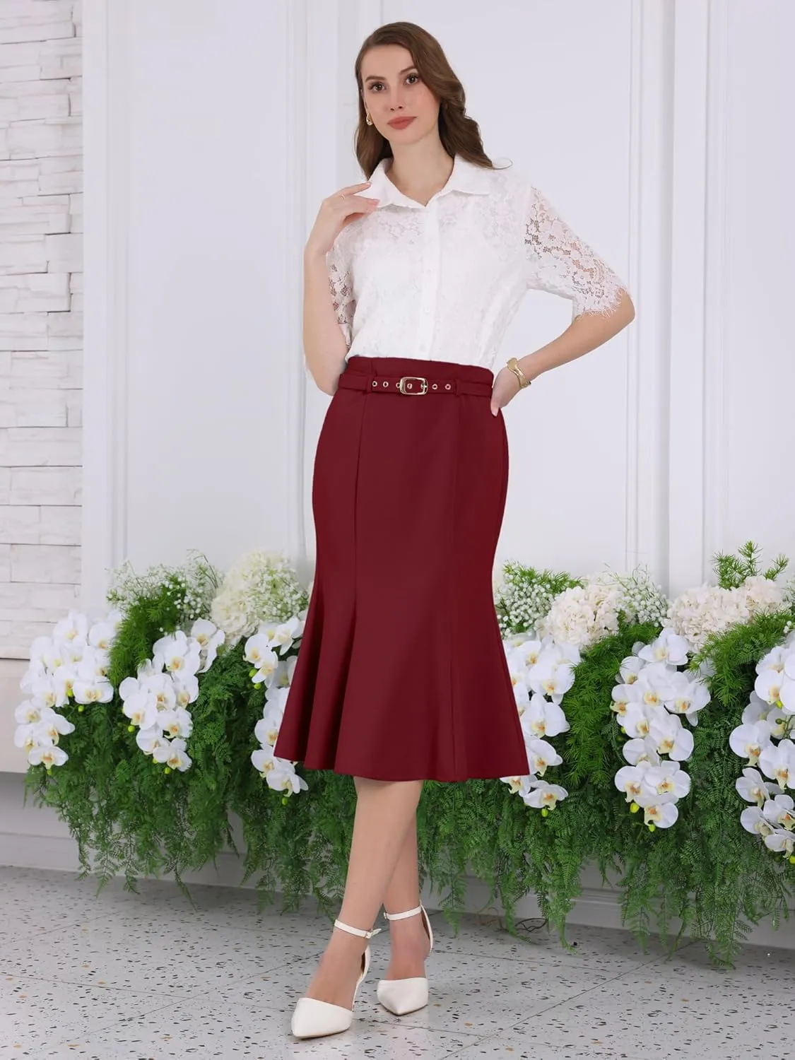 Women's Elegant Fishtail Skirt High Waist Belted Work Midi Mermaid Skirts