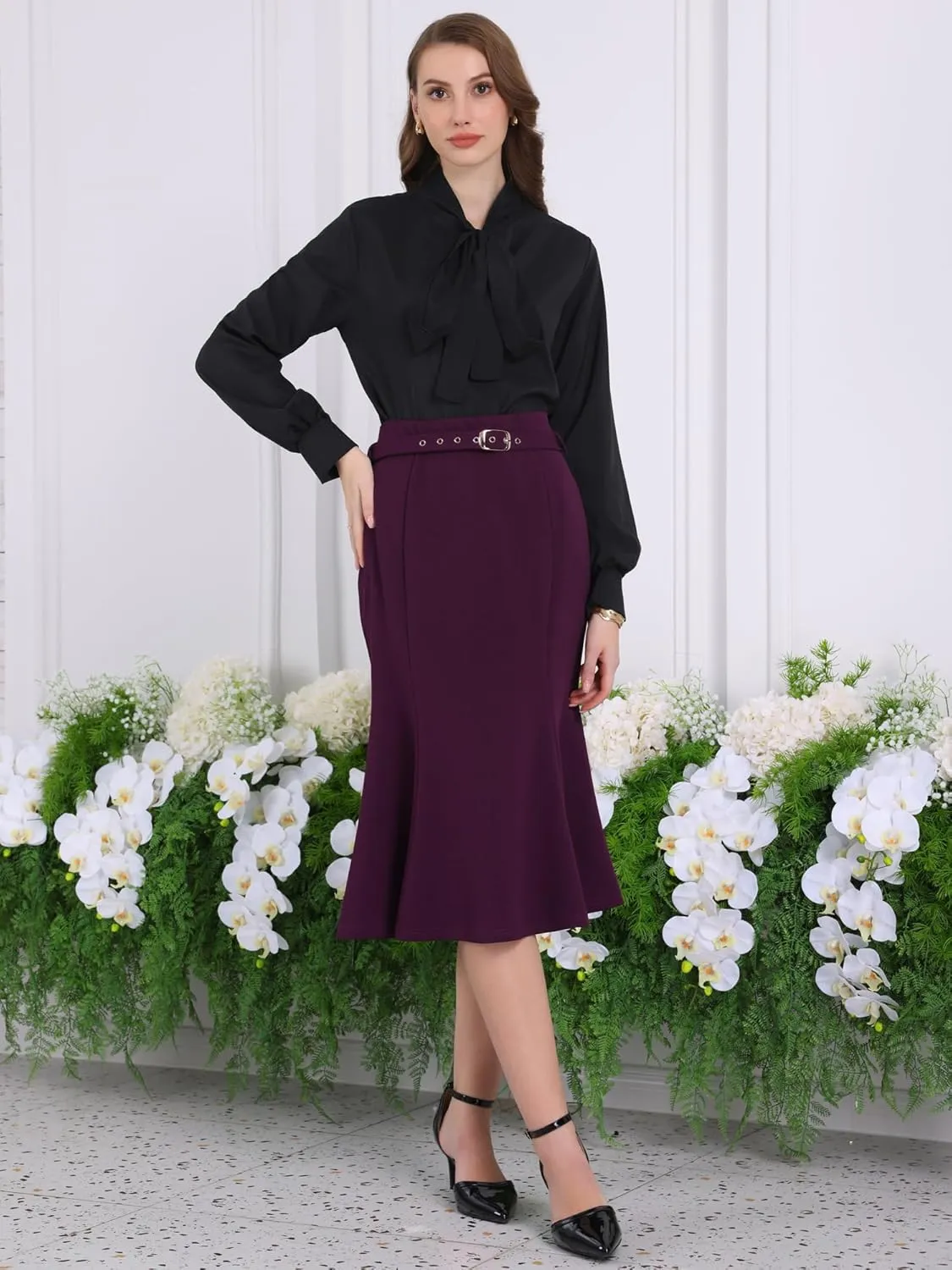 Women's Elegant Fishtail Skirt High Waist Belted Work Midi Mermaid Skirts
