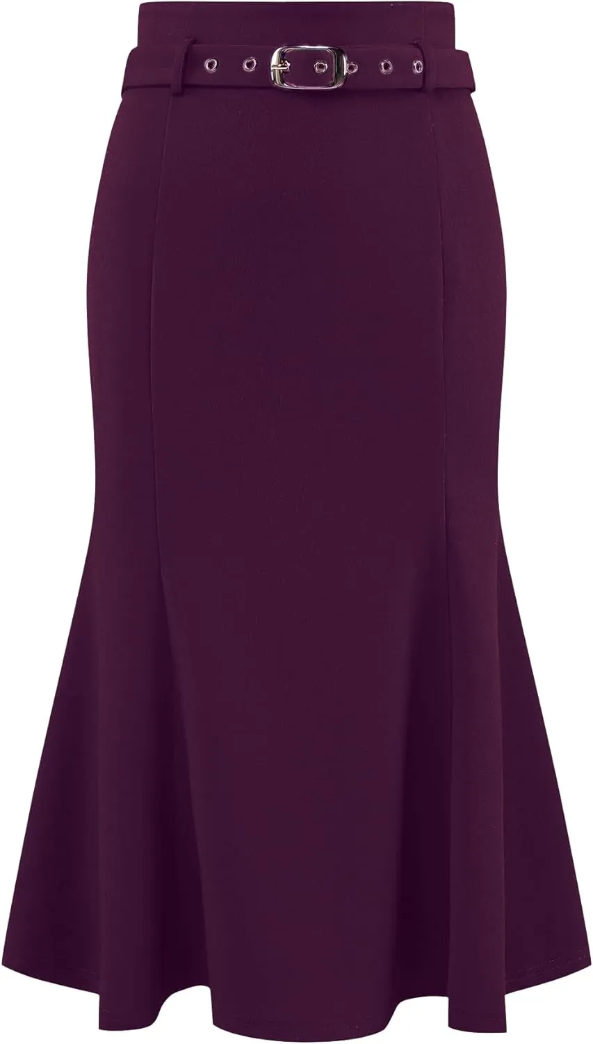 Women's Elegant Fishtail Skirt High Waist Belted Work Midi Mermaid Skirts