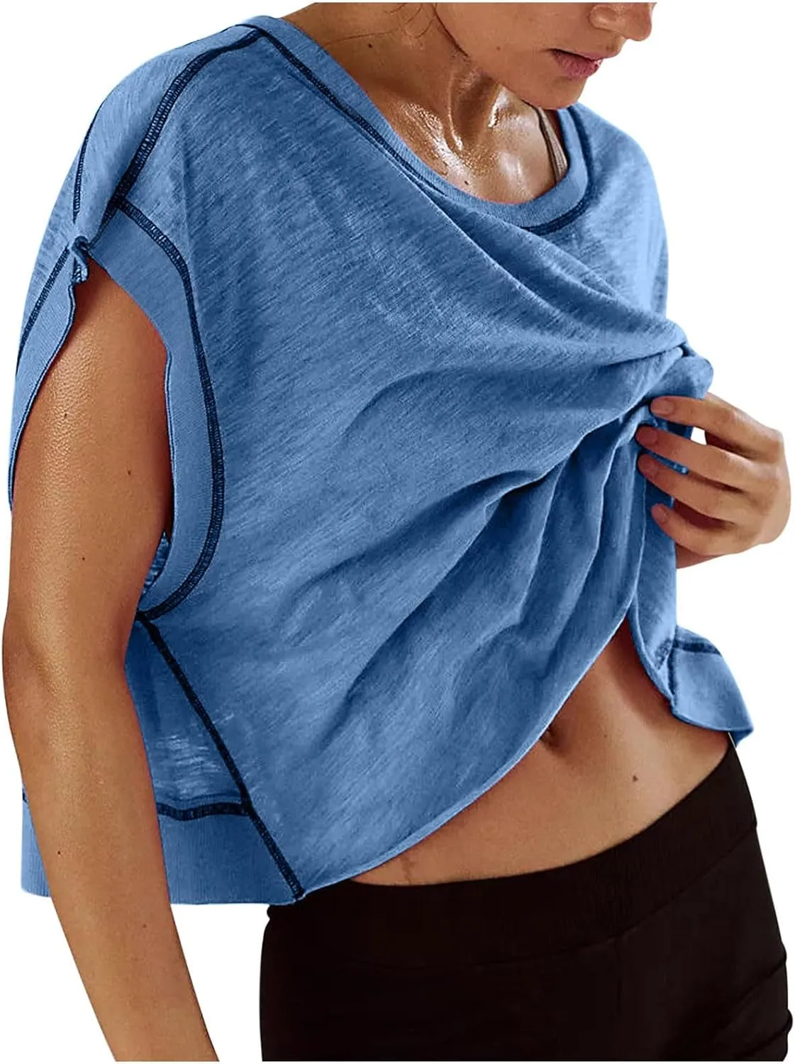 Womens Open Back Workout Tops Short Sleeve Y2k Yoga Shirts Athletic Gym Slouchy Crop Top Casual Backless Running Tees