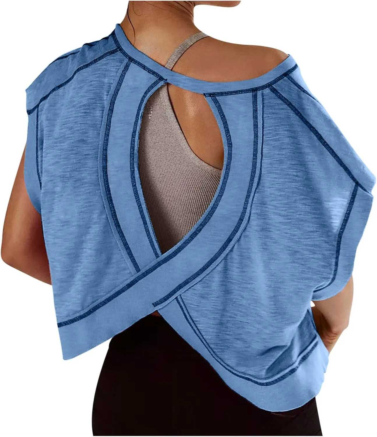 Womens Open Back Workout Tops Short Sleeve Y2k Yoga Shirts Athletic Gym Slouchy Crop Top Casual Backless Running Tees