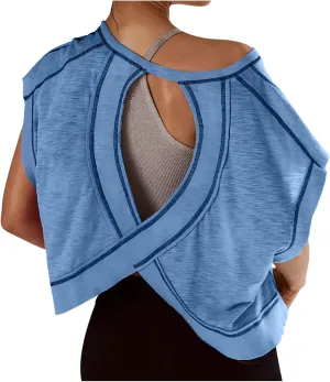 Womens Open Back Workout Tops Short Sleeve Y2k Yoga Shirts Athletic Gym Slouchy Crop Top Casual Backless Running Tees