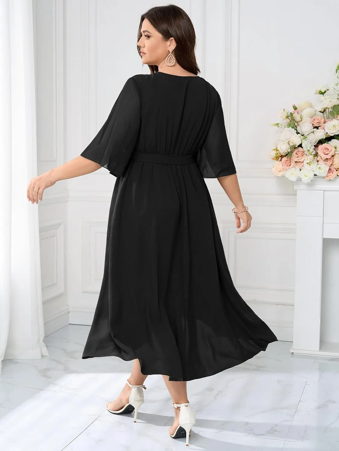 Womens Plus Size Wedding Guest Cocktail Dress Wrap V Neck Flutter Sleeve High Low Hem A-Line Midi Dresses