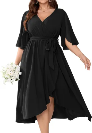 Womens Plus Size Wedding Guest Cocktail Dress Wrap V Neck Flutter Sleeve High Low Hem A-Line Midi Dresses