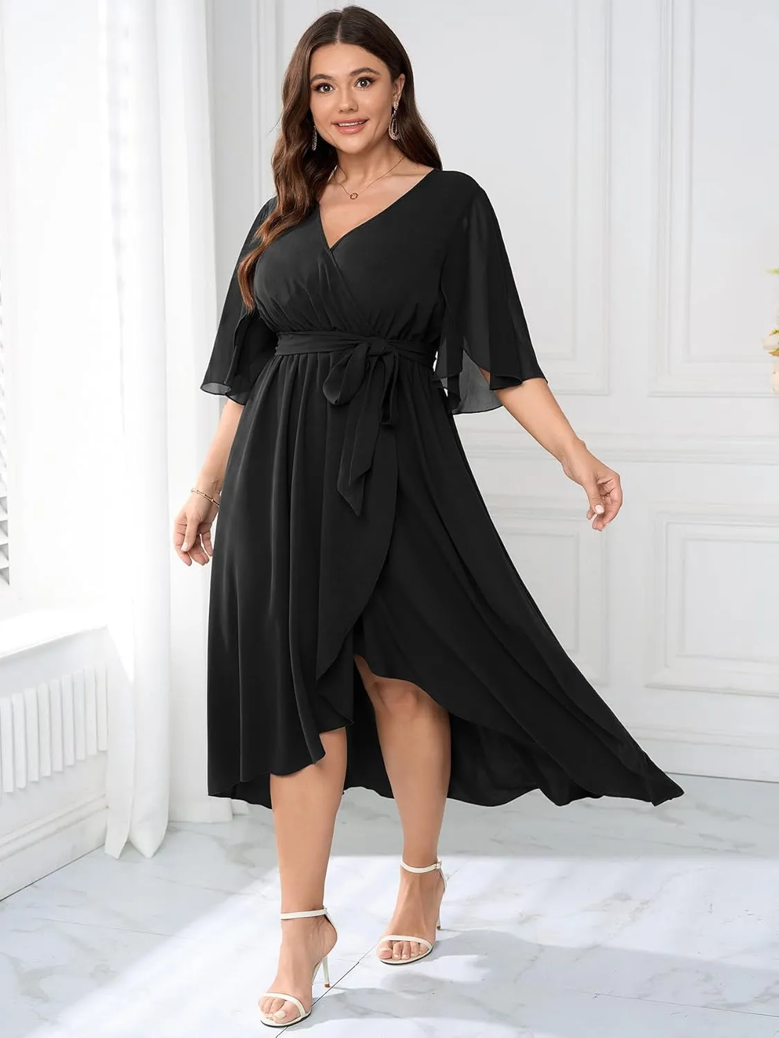 Womens Plus Size Wedding Guest Cocktail Dress Wrap V Neck Flutter Sleeve High Low Hem A-Line Midi Dresses