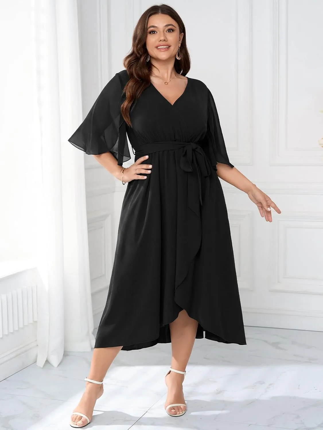 Womens Plus Size Wedding Guest Cocktail Dress Wrap V Neck Flutter Sleeve High Low Hem A-Line Midi Dresses