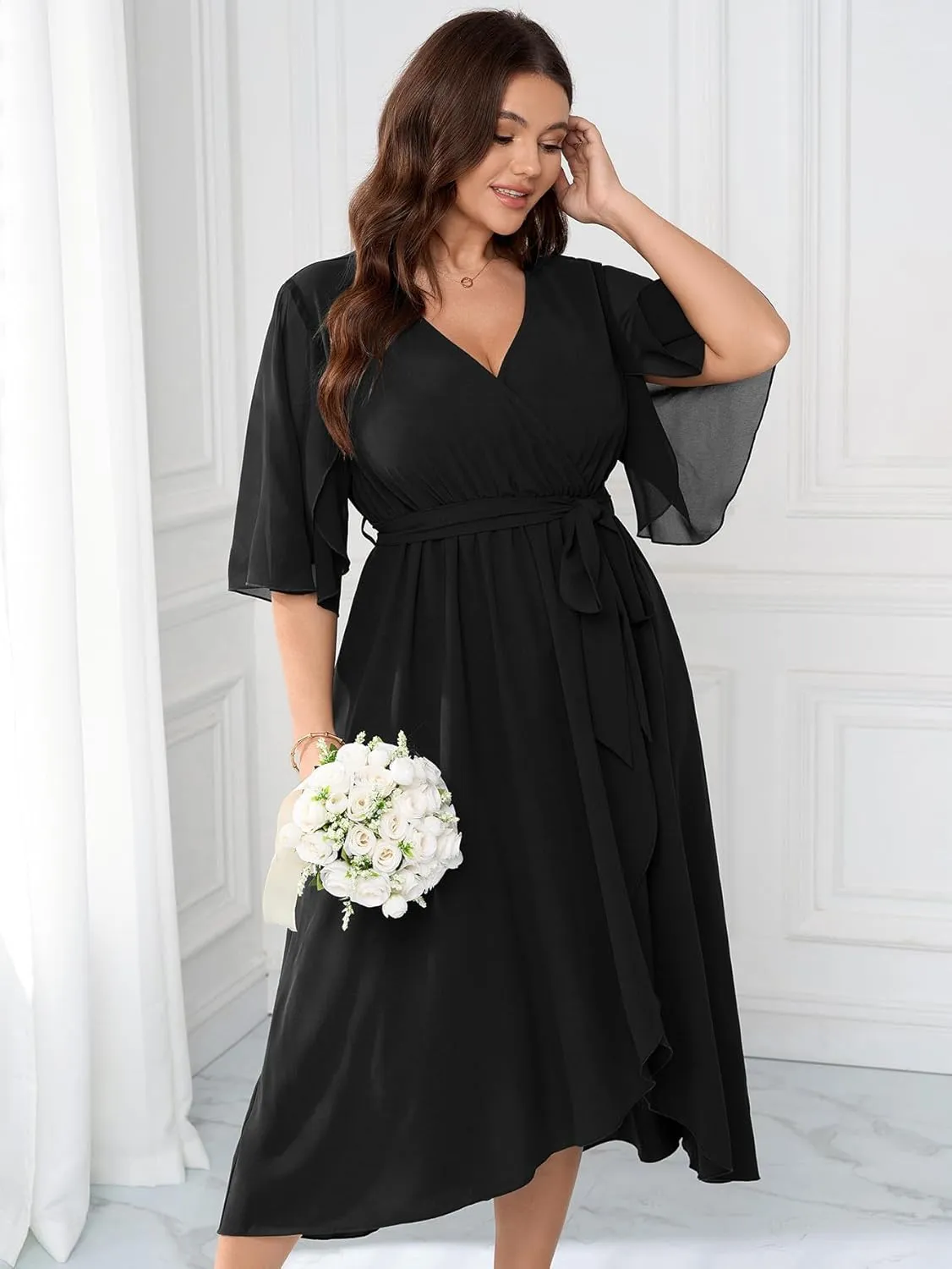 Womens Plus Size Wedding Guest Cocktail Dress Wrap V Neck Flutter Sleeve High Low Hem A-Line Midi Dresses