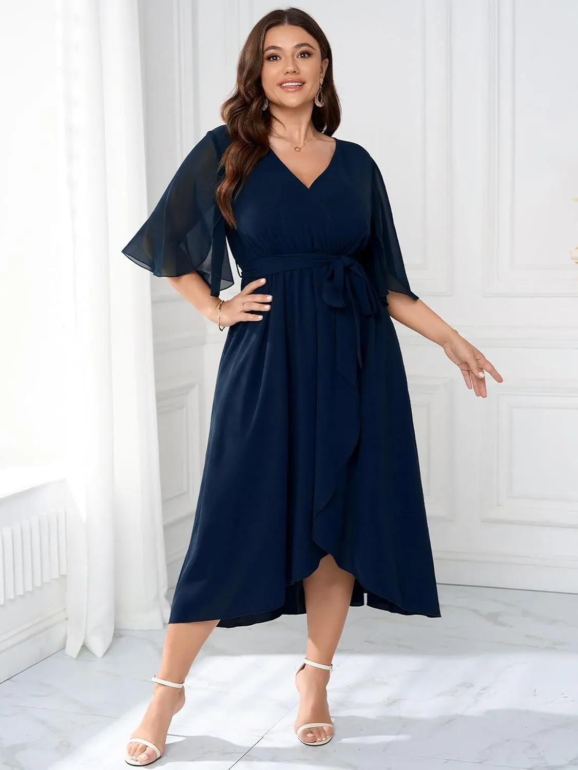 Womens Plus Size Wedding Guest Cocktail Dress Wrap V Neck Flutter Sleeve High Low Hem A-Line Midi Dresses