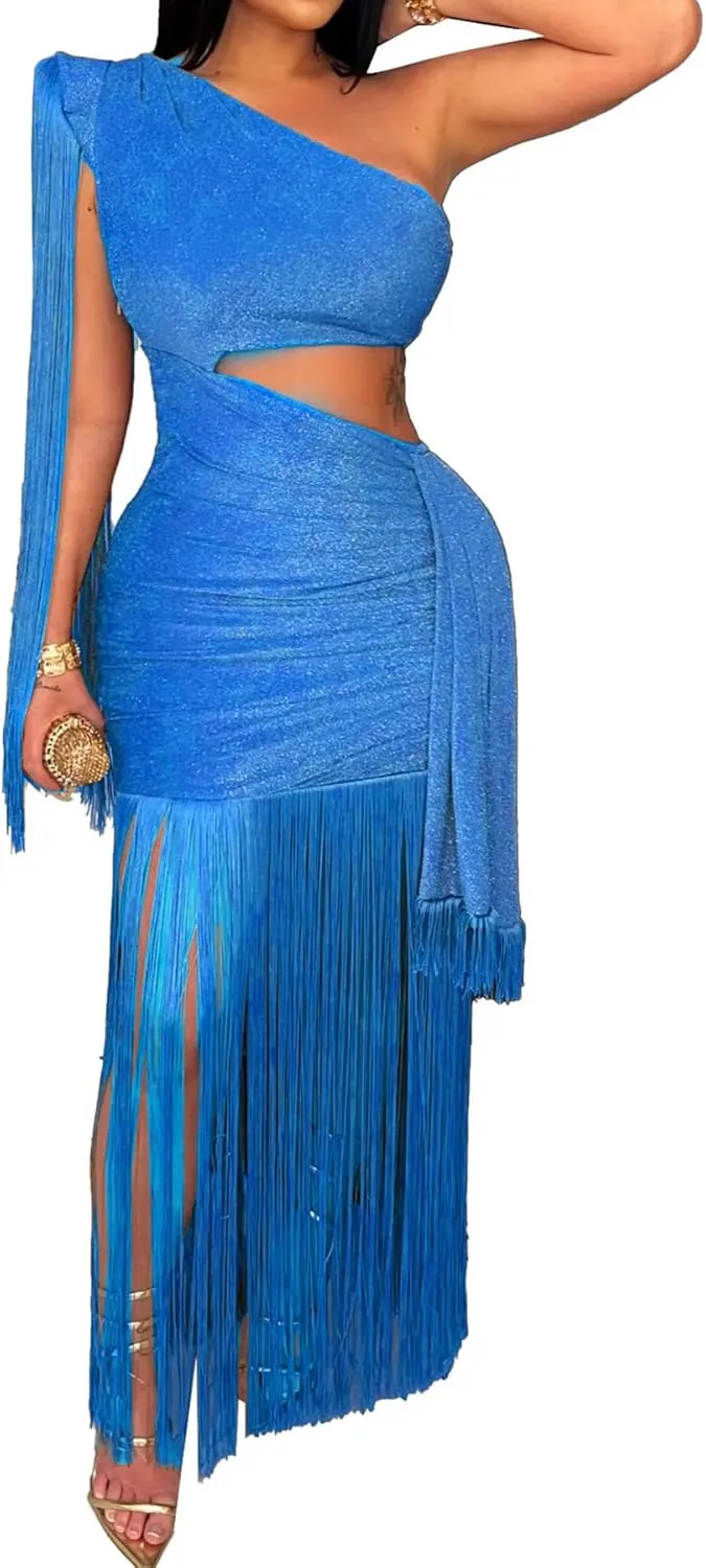 Womens Sexy Wedding Guest Dress Elegant One Shlouder Fringe Dress Flowy Bodycon Sparkly Glitter Evening Dresses