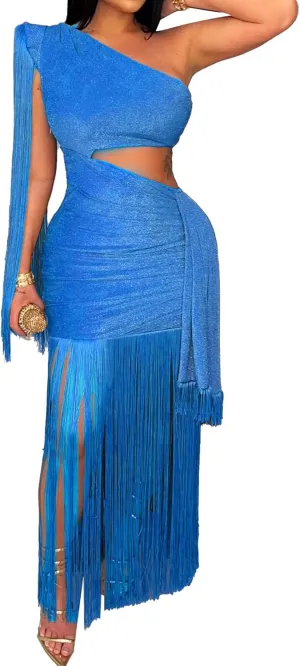 Womens Sexy Wedding Guest Dress Elegant One Shlouder Fringe Dress Flowy Bodycon Sparkly Glitter Evening Dresses