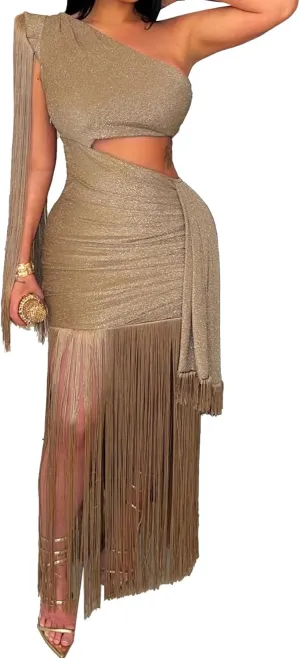 Womens Sexy Wedding Guest Dress Elegant One Shlouder Fringe Dress Flowy Bodycon Sparkly Glitter Evening Dresses