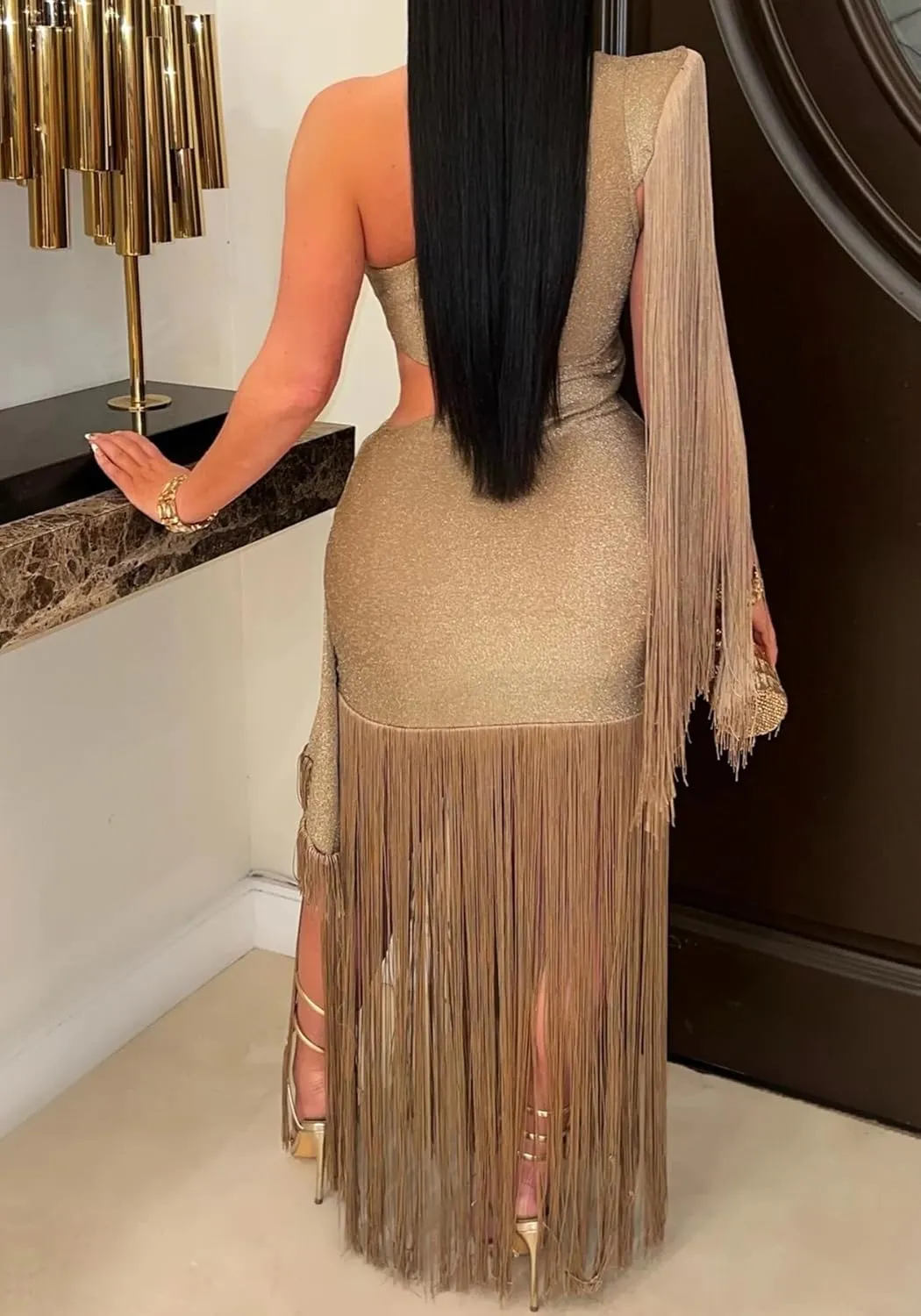 Womens Sexy Wedding Guest Dress Elegant One Shlouder Fringe Dress Flowy Bodycon Sparkly Glitter Evening Dresses