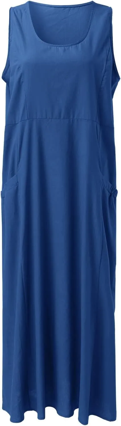 Women's Summer Cotton Linen Long Dress Sleeveless Elegant Flowy Dresses Plus Size Loose Comfy Dresses with Pockets
