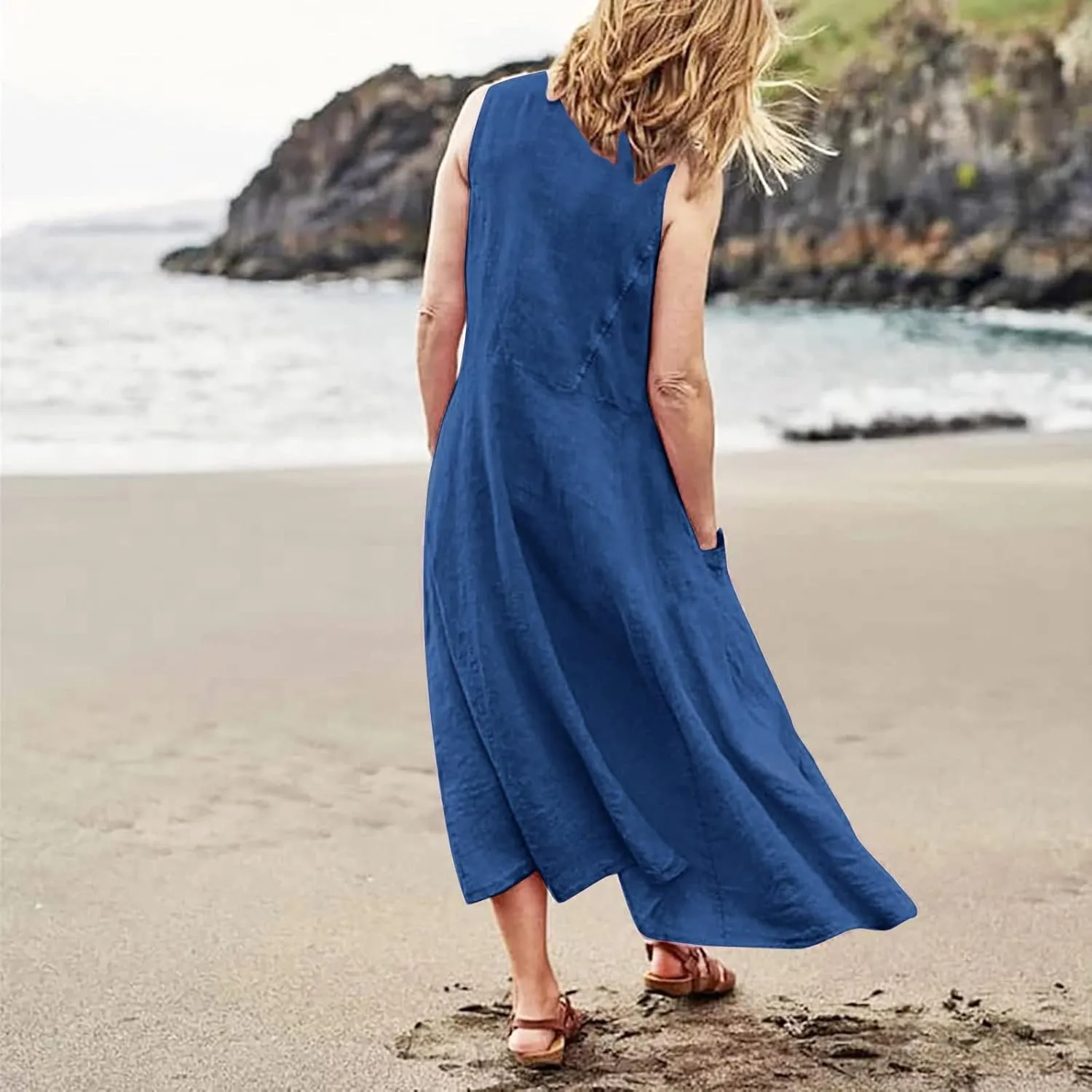 Women's Summer Cotton Linen Long Dress Sleeveless Elegant Flowy Dresses Plus Size Loose Comfy Dresses with Pockets