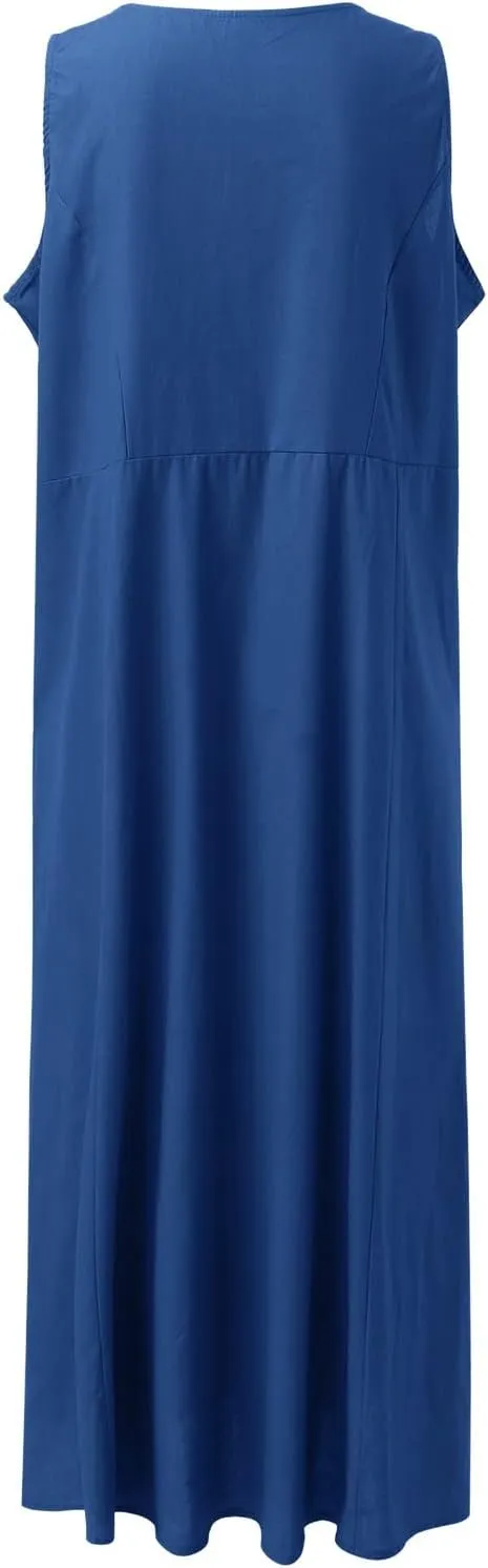 Women's Summer Cotton Linen Long Dress Sleeveless Elegant Flowy Dresses Plus Size Loose Comfy Dresses with Pockets