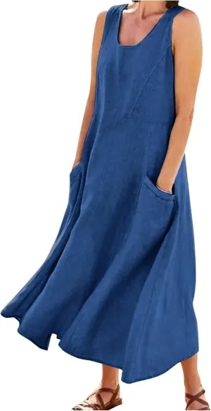 Women's Summer Cotton Linen Long Dress Sleeveless Elegant Flowy Dresses Plus Size Loose Comfy Dresses with Pockets