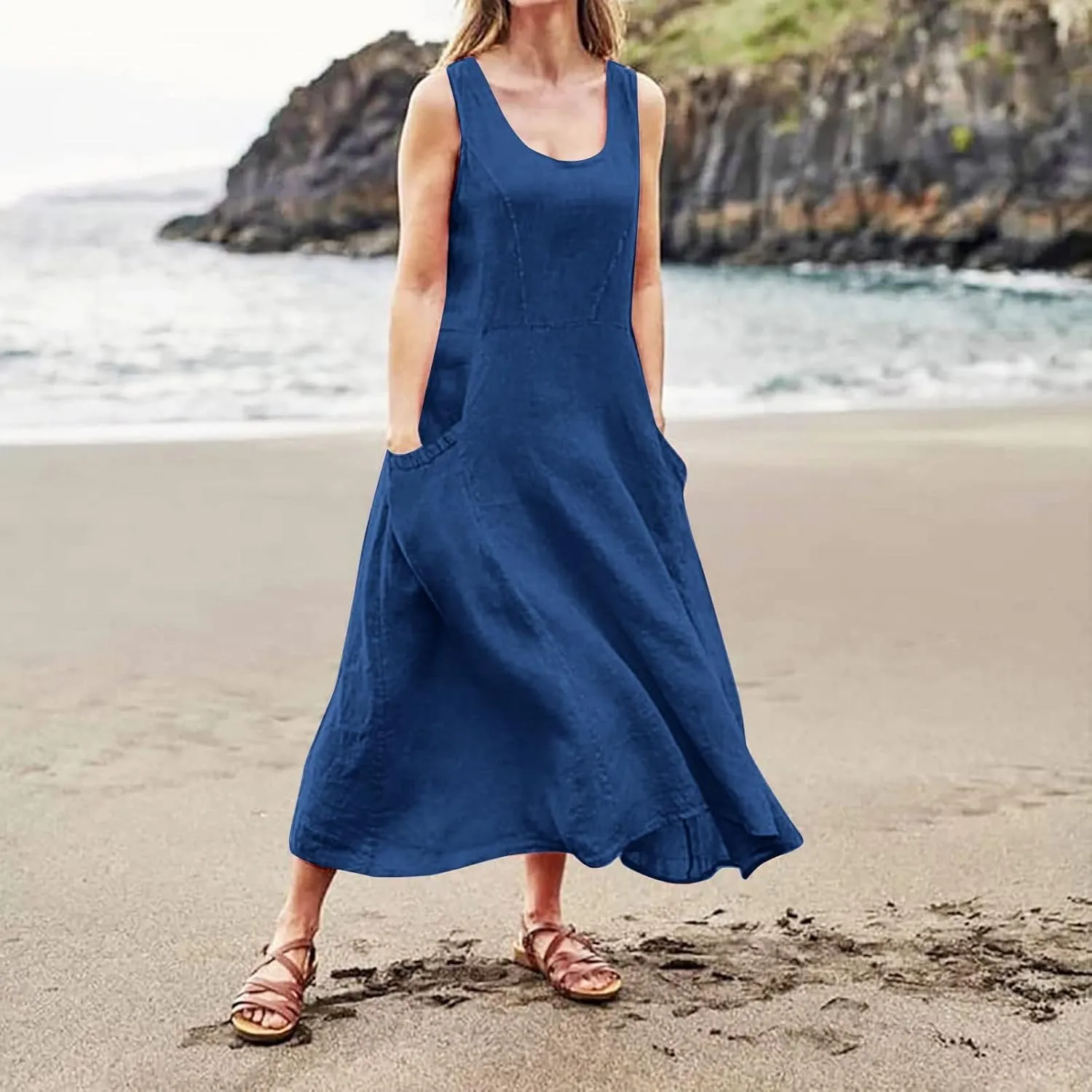 Women's Summer Cotton Linen Long Dress Sleeveless Elegant Flowy Dresses Plus Size Loose Comfy Dresses with Pockets