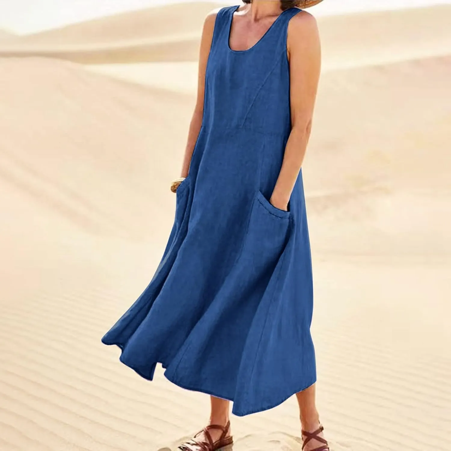 Women's Summer Cotton Linen Long Dress Sleeveless Elegant Flowy Dresses Plus Size Loose Comfy Dresses with Pockets