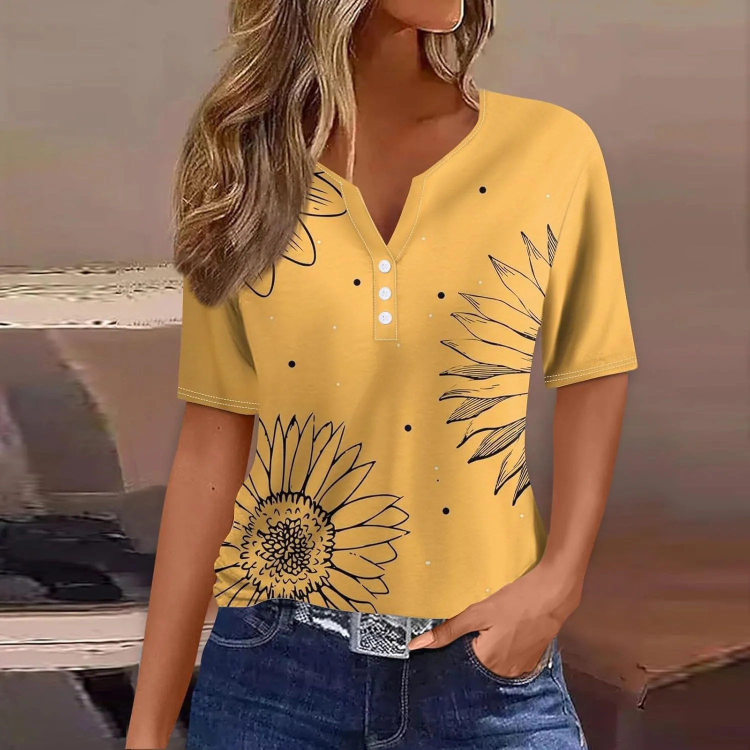 Women'S T-Shirts Button Down Tunic Tops Short Sleeve Floral Blouse Henley V Neck Summer Clothes