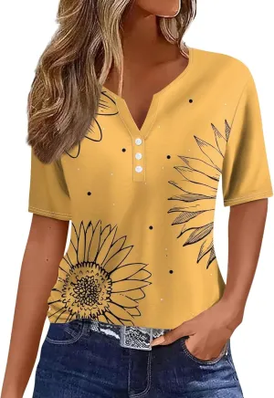 Women'S T-Shirts Button Down Tunic Tops Short Sleeve Floral Blouse Henley V Neck Summer Clothes