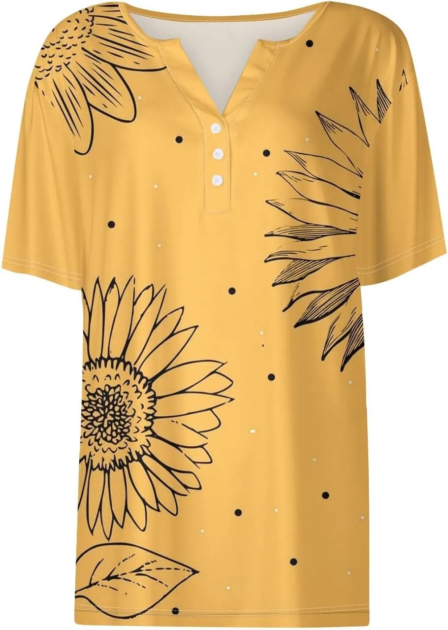 Women'S T-Shirts Button Down Tunic Tops Short Sleeve Floral Blouse Henley V Neck Summer Clothes
